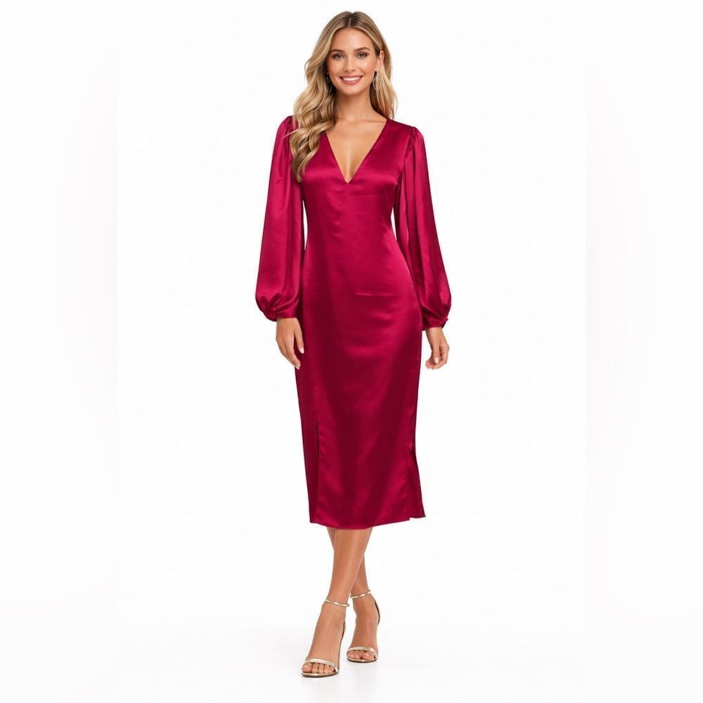 Karlie Deep Raspberry Satin Long Sleeve Dress